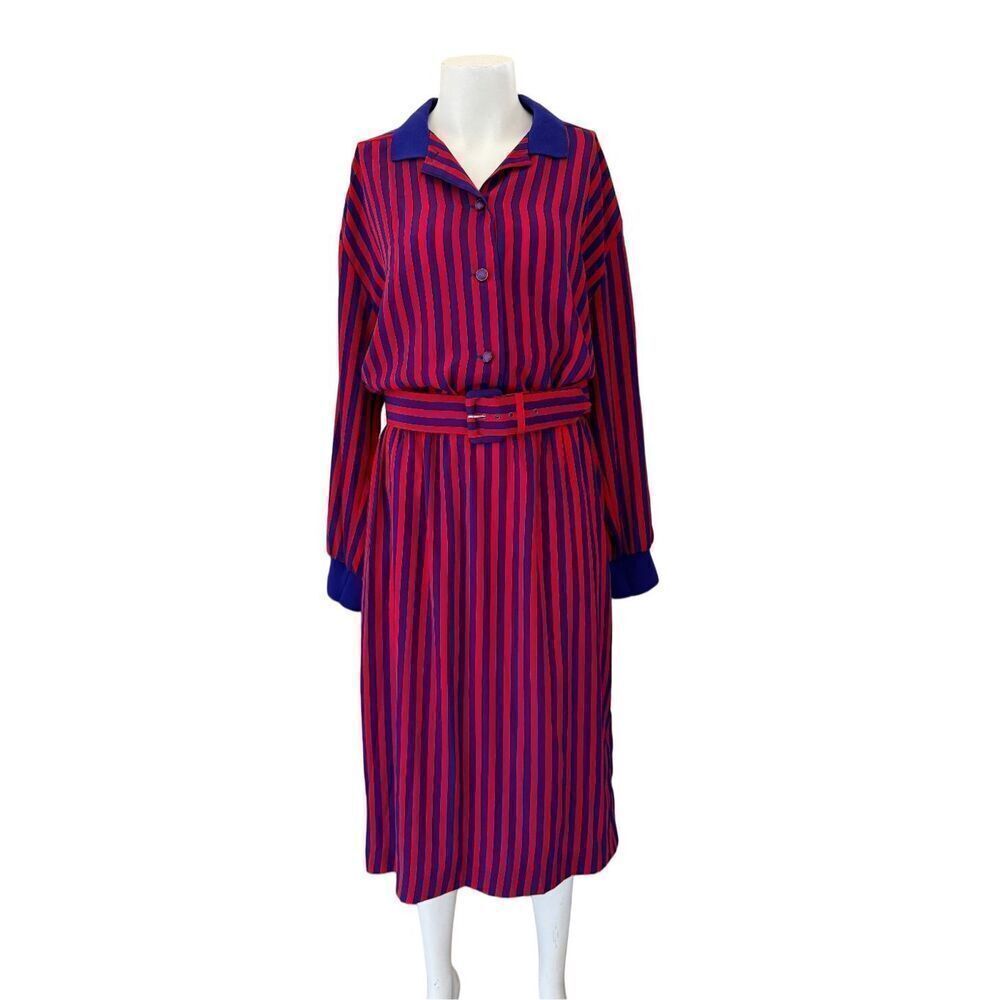 FT Ltd Vintage 70’s dress plum purple red striped with belt collared long sleeve